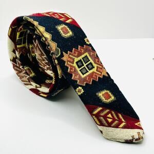 Vintage 80s Handmade Navy Red Cream Aztec Western Woven Necktie